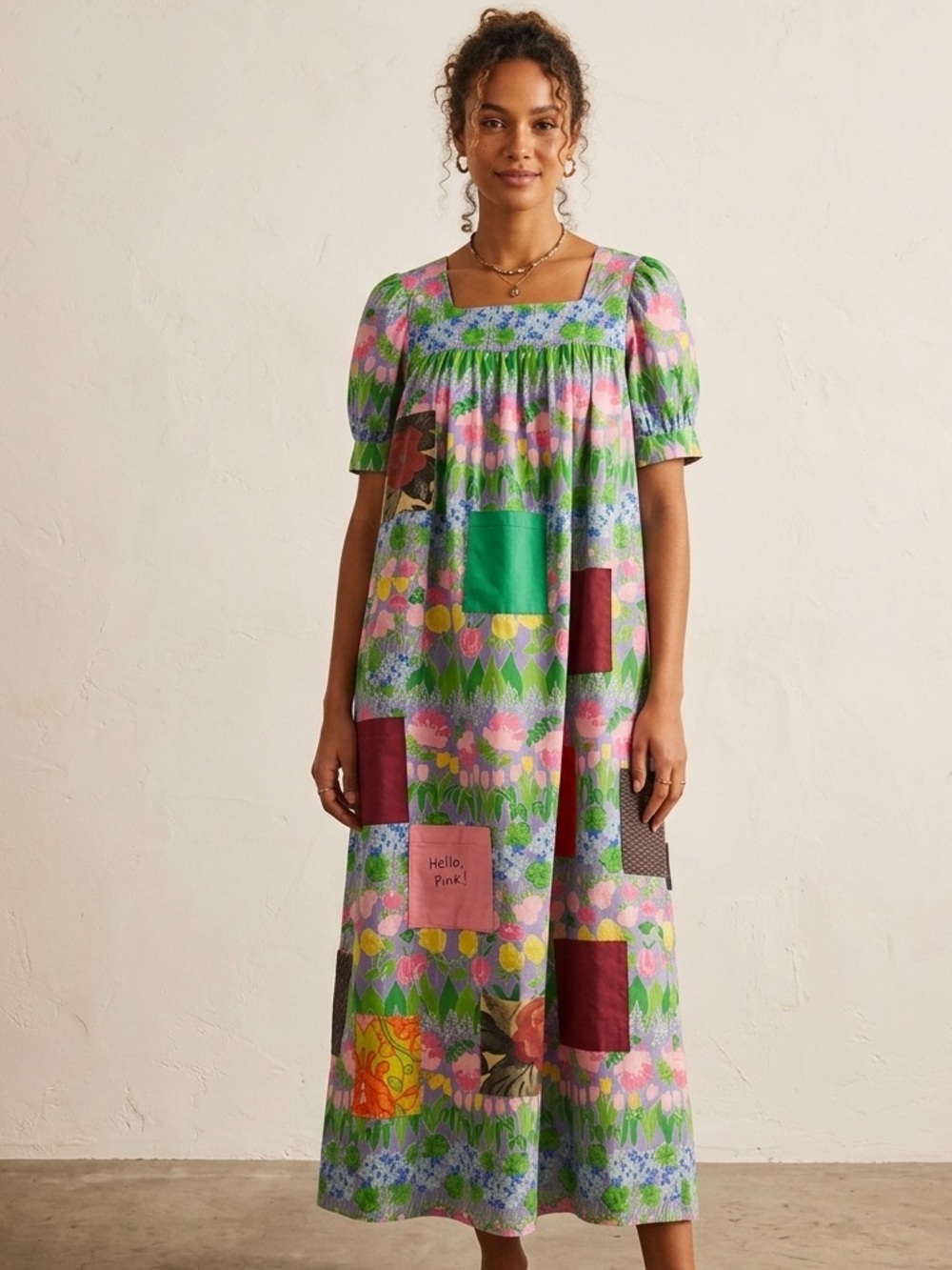 Handmade Patchwork Floral Square-Neck‎ Teacher Summer Maxi Dress Size Small